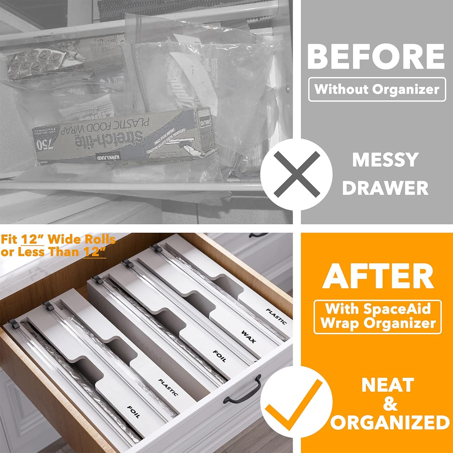 Wrap Organizer with Cutter and Labels, Plastic Wrap, Aluminum Foil and Wax Bamboo Dispenser, Storage Organization Holder -2 in 1 (12 Wrap Organizer with Cutter and Labels, Plastic Wrap, Aluminum Foil and Wax Bamboo Dispenser, Storage Organization Holder -2 in 1 (12